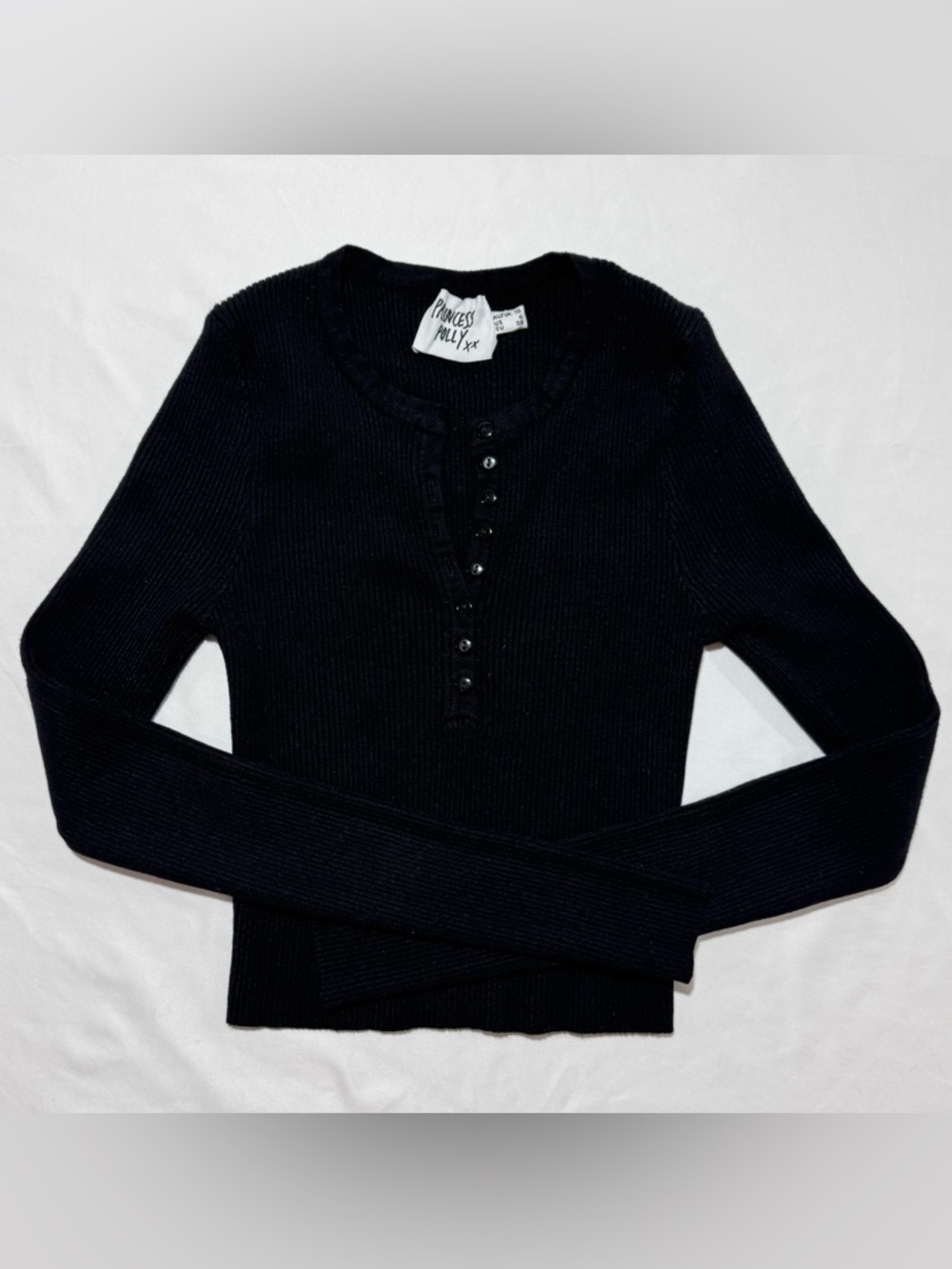 Princess Polly Black Ribbed Long Sleeve Henley Top 3/4 Button / Placket Size 6